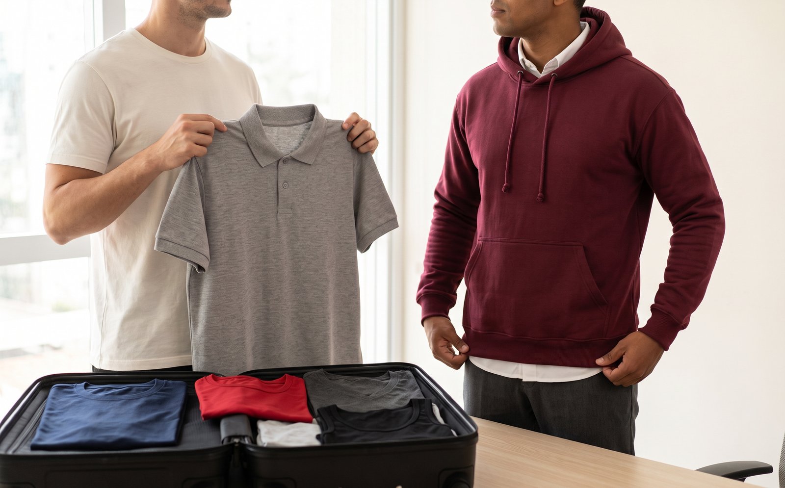 Representante da Personalize mostrando uma polo cinza para o cliente, com mais peças dobradas numa mala aberta