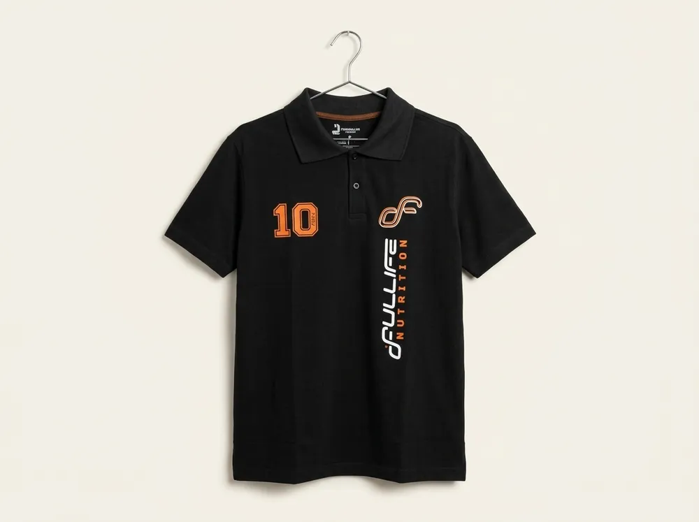 Polo preta de algodão com número e logotipo em silkscreen