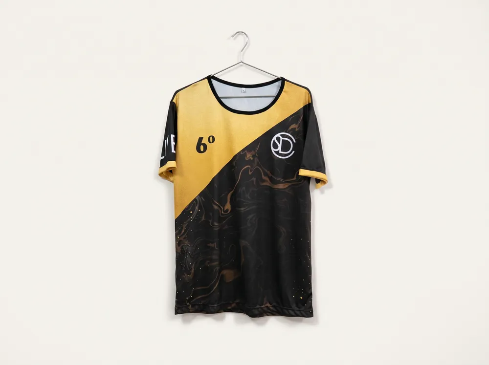 Camiseta de interclasse sublimada em preto e dourado