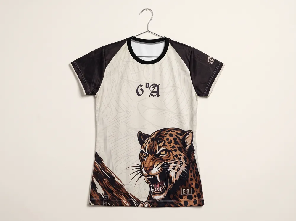 Camiseta de interclasse sublimada com onça e mangas raglan pretas