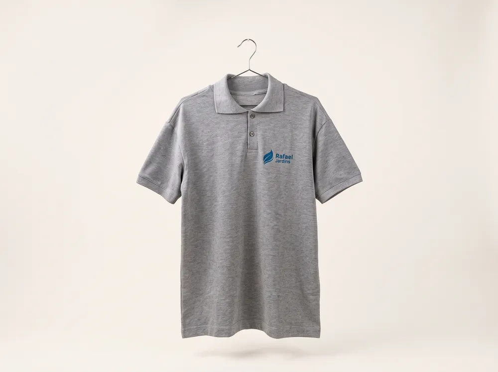 Polo cinza mescla com logotipo azul estampado no peito