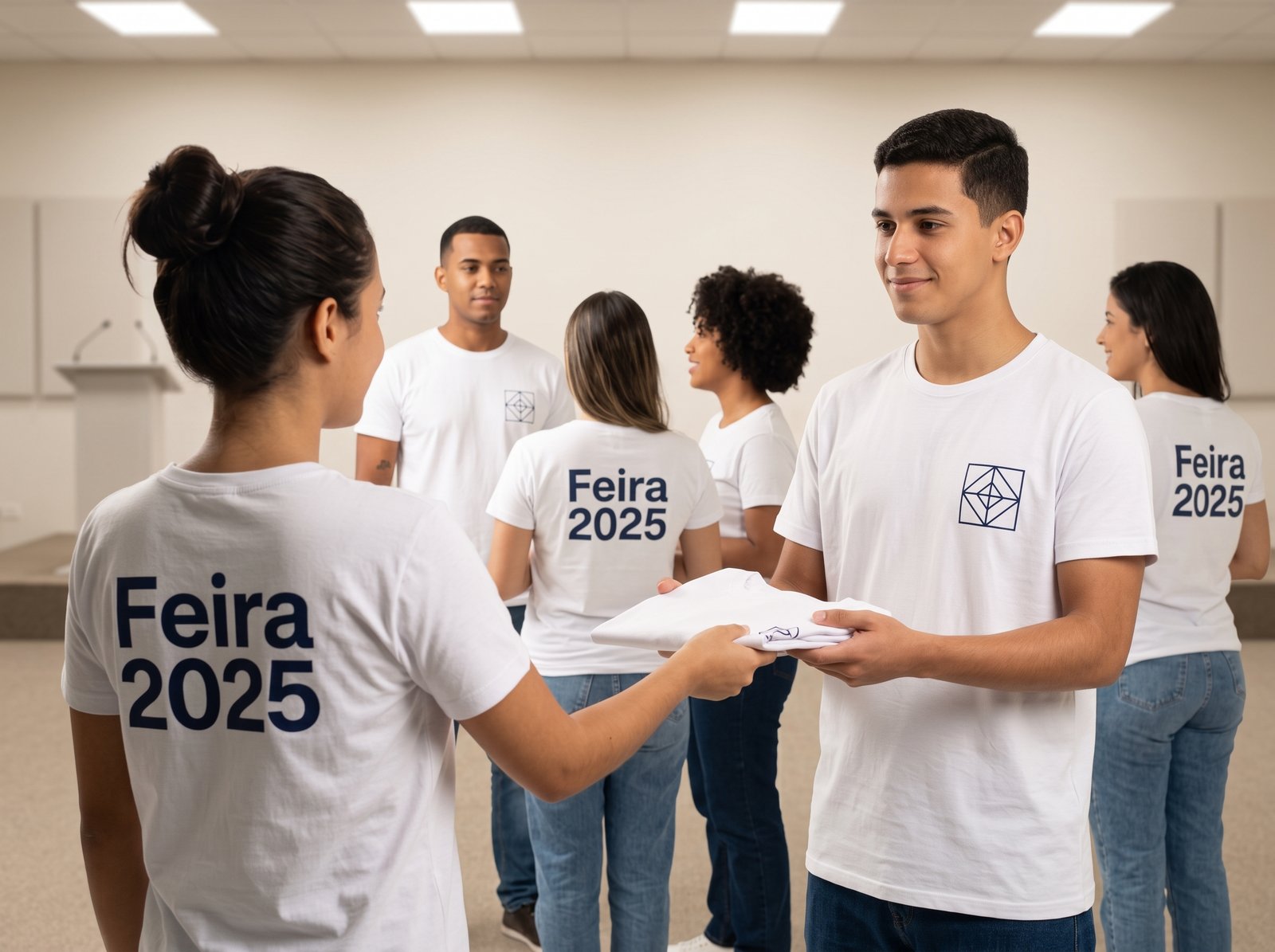 Cinco camisetas brancas dobradas com logo