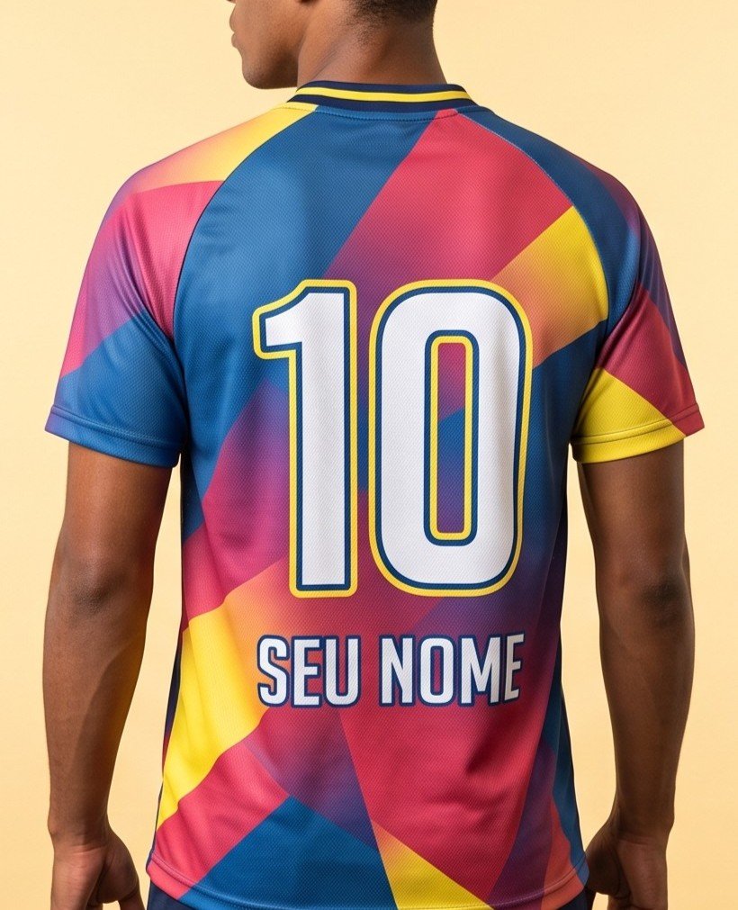 Camisa esportiva sublimada azul, vermelha e amarela com numero 10, vista de costas