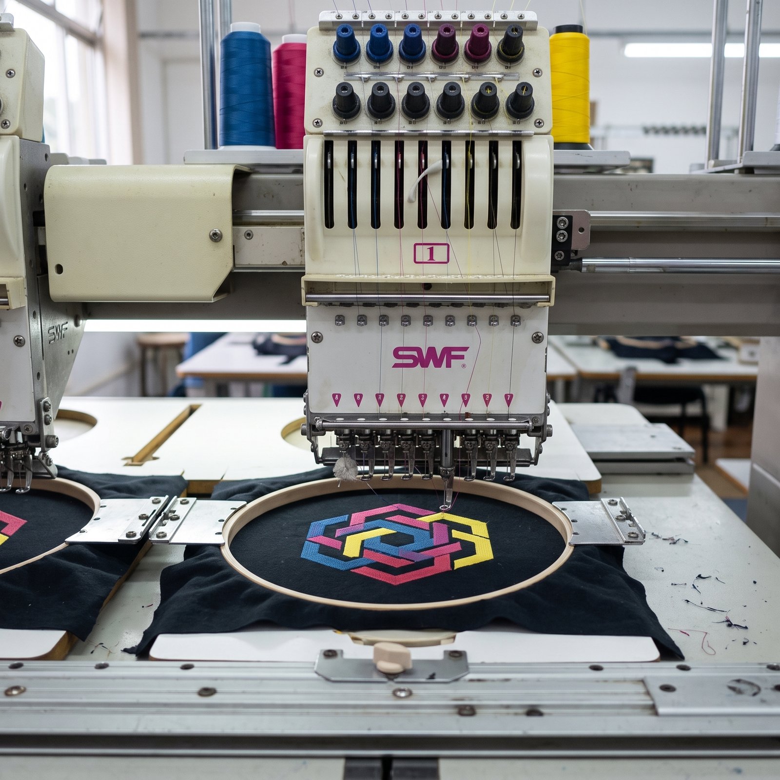 Bordadeira computadorizada SWF bordando um hexágono colorido em camiseta preta