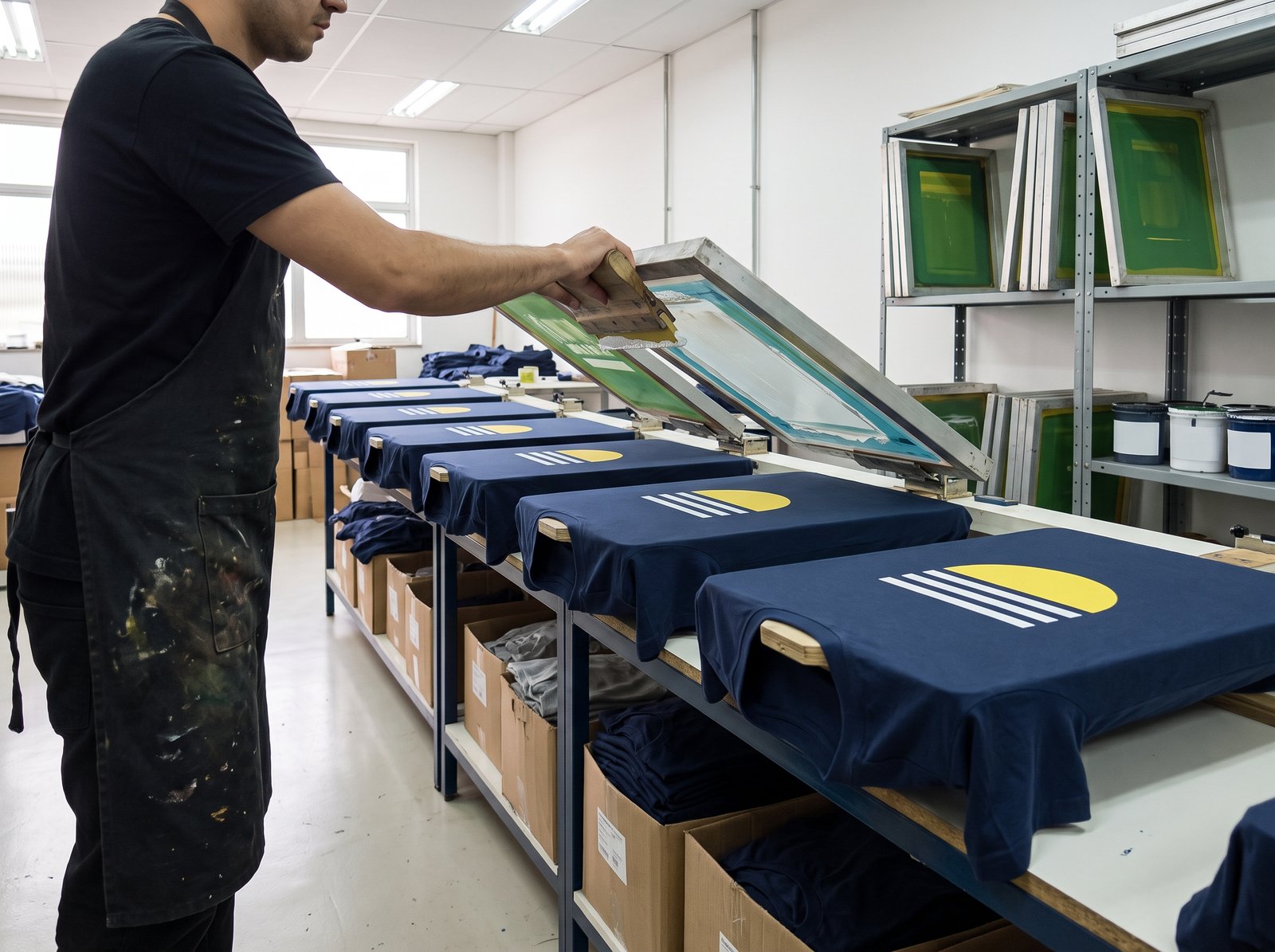 Camisetas azul marinho sendo estampadas em silkscreen numa mesa com telas na fábrica