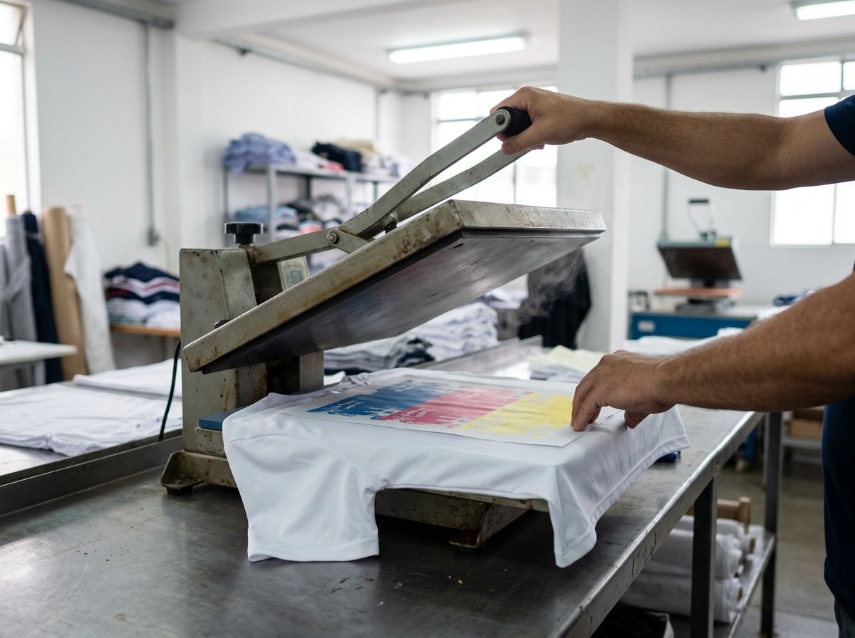 Prensa térmica fixando estampa sublimada colorida numa camiseta branca