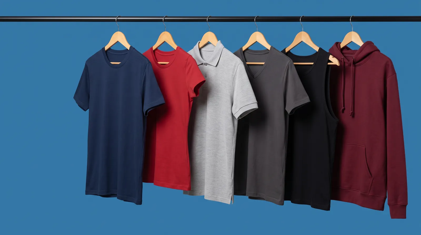 Polo, camiseta, moletom e regata em cabides numa arara sobre fundo azul