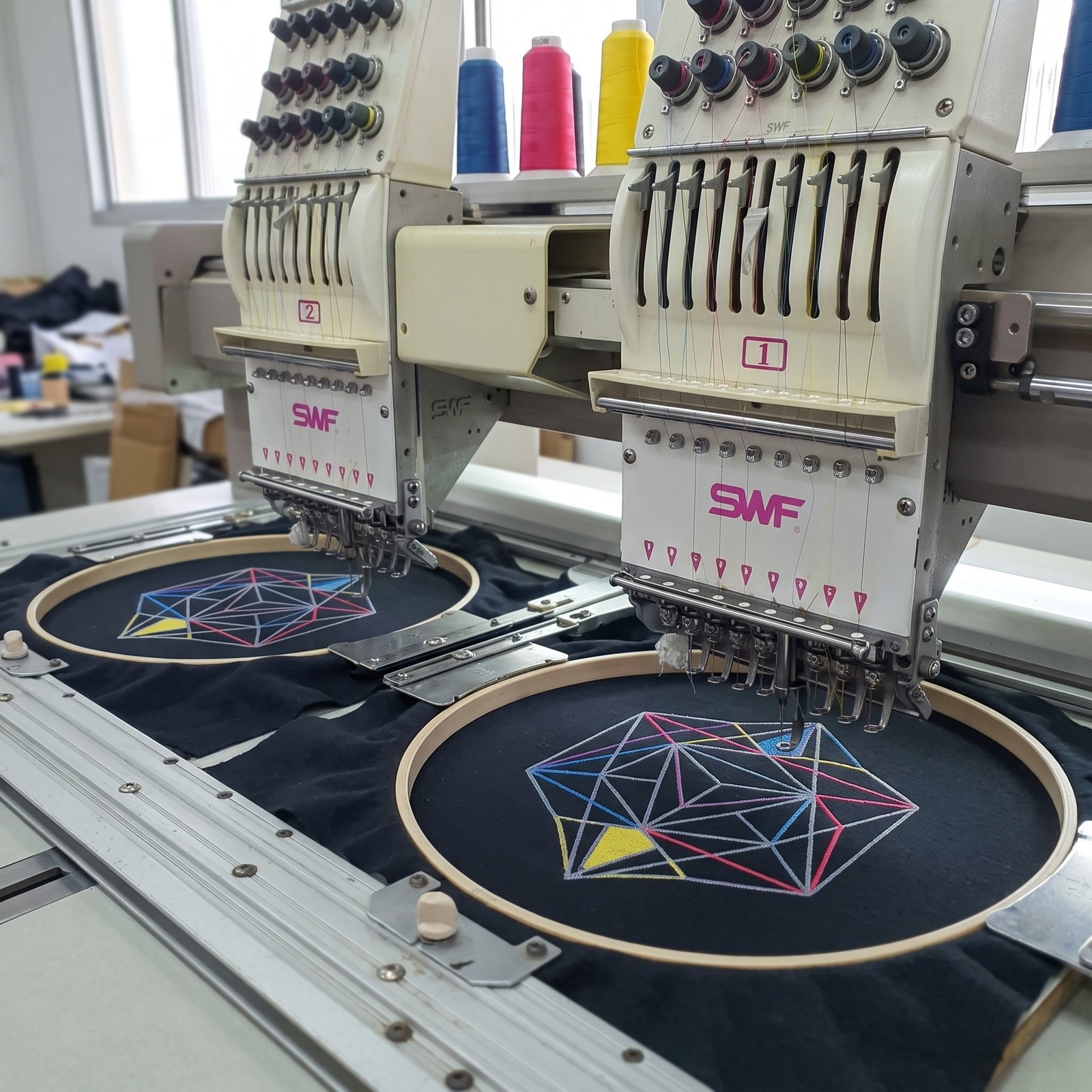 Bordadeira computadorizada SWF bordando um hexágono colorido em camiseta preta