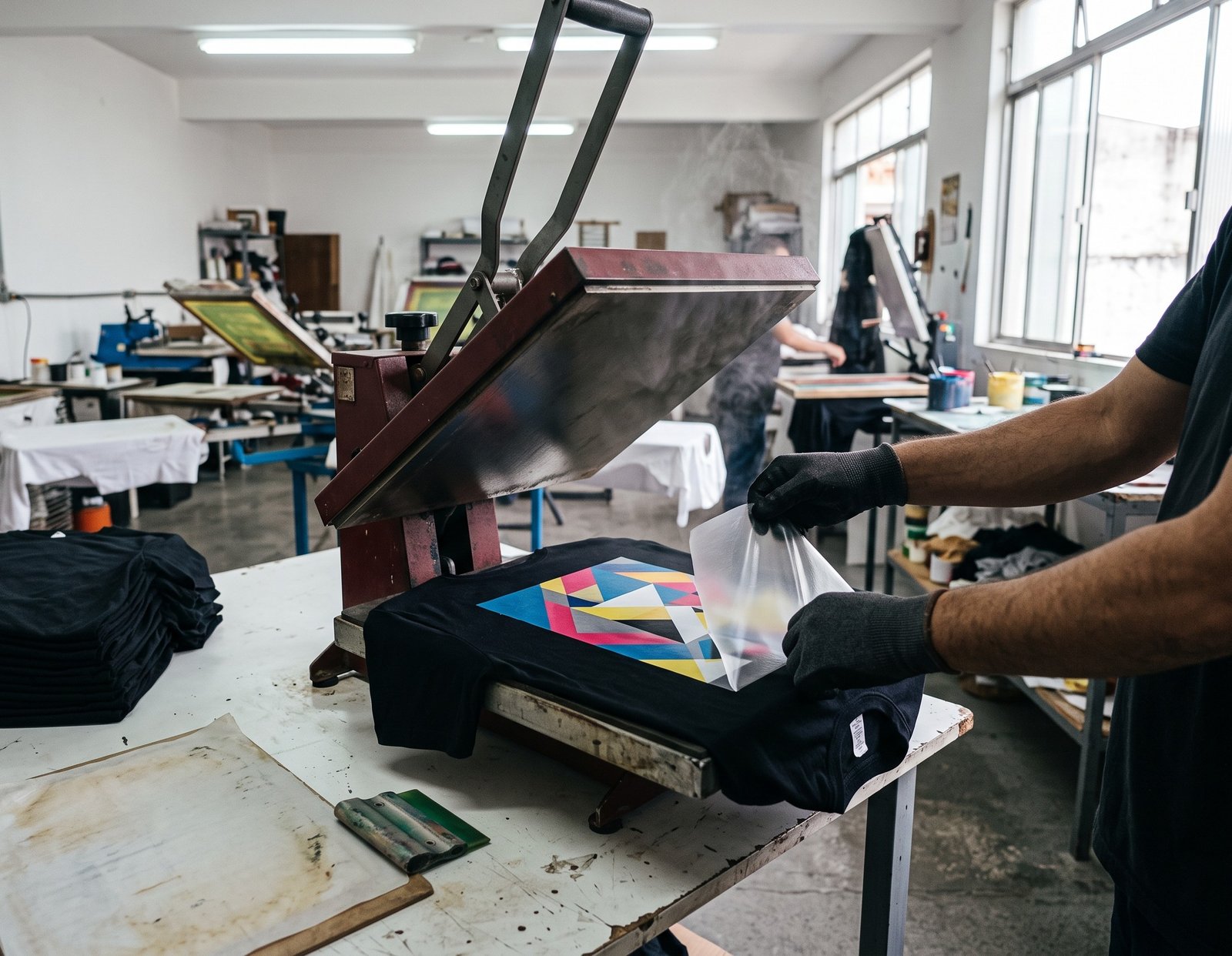 Prensa térmica retirando o filme de uma estampa colorida em camiseta preta